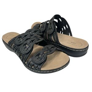Clarks Women’s US 9 Black Comfort Leisa Faye Wide Slides Sandals